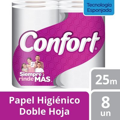 CONFORT - Papel Higiénico Confort Doble Hoja 25 MT - 25 Mt x 8 